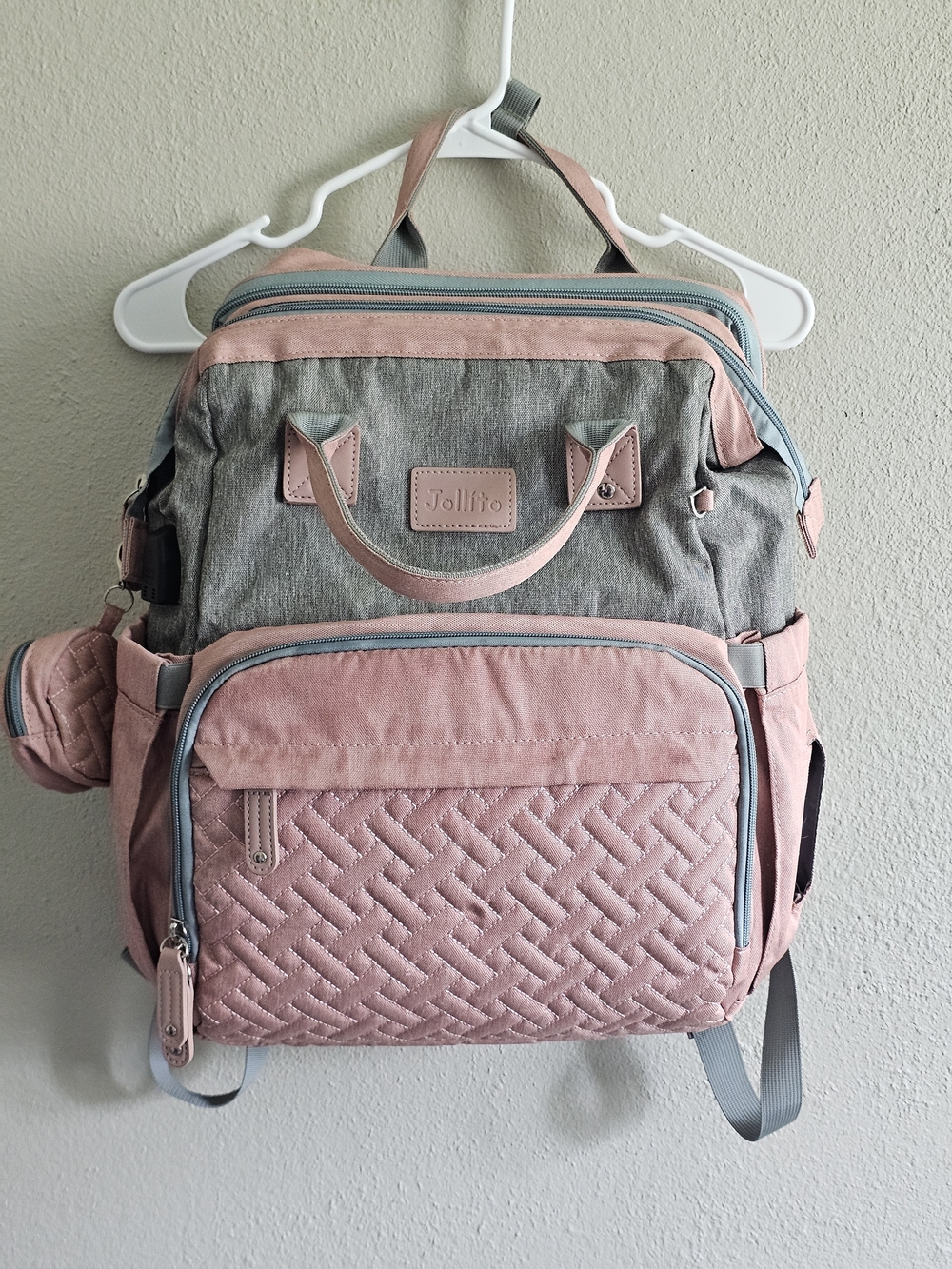 JOLLITO Quilted Baby Diaper Bag Backpack with Changing Station Pink